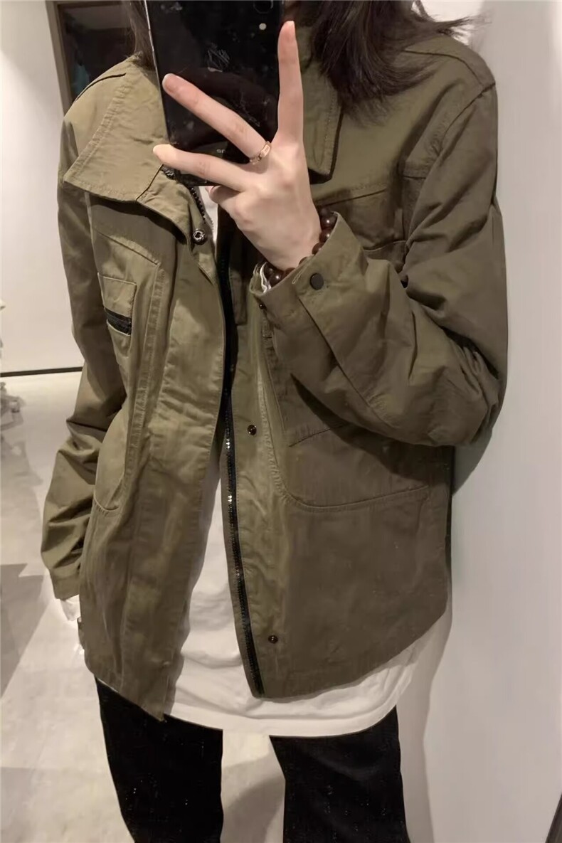 春秋美式复古设计感军绿色工装外套薄款翻领棒球服夹克潮流帅气,男装夹克,星座218-1（原230）