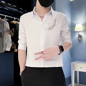 2025夏季男士韩版修身绣花七分袖衬衫男休闲衬衣301A-1/CS410/P55图片