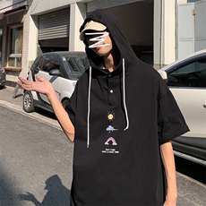 LD54141-P45连帽短袖t恤男大码胖子带帽五分袖中袖，男装T恤，电商A040