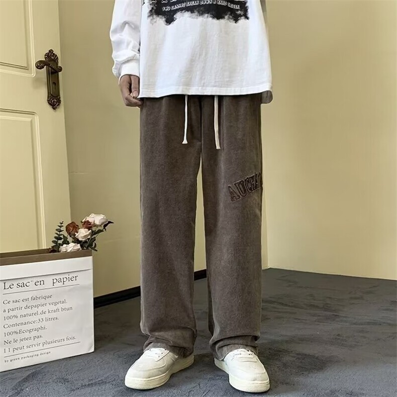 秋冬季男士美式复古字母灯芯绒裤子加绒宽松直筒阔腿休闲长裤,男装卫衣,星座218-1（原230）
