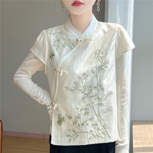新中式国风缎面真丝短袖马甲女盘扣立领刺绣竹子衬衫气质坎肩上衣图片