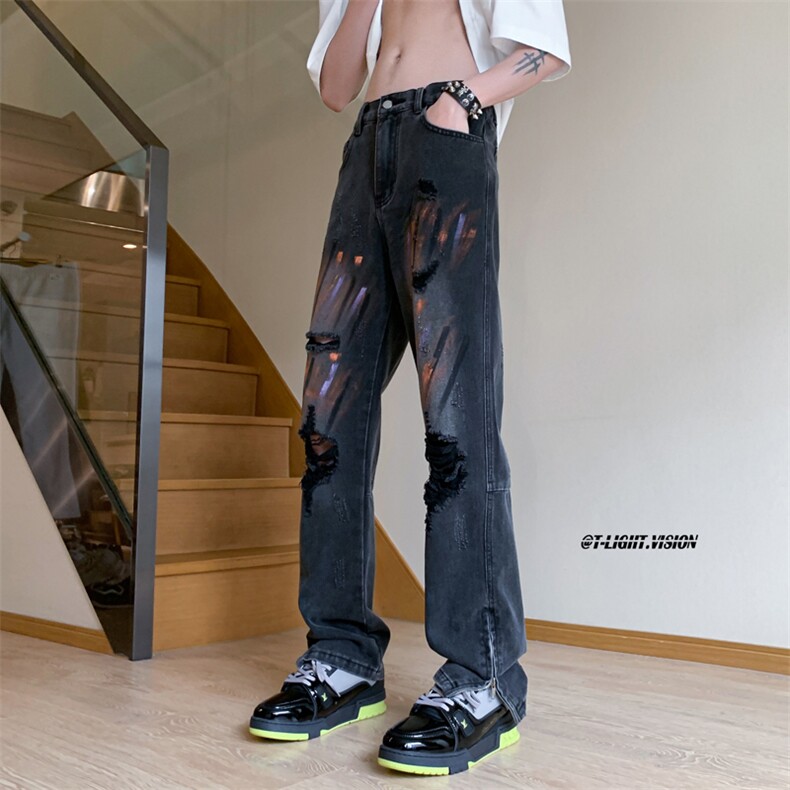 B221 美式ins嘻哈色彩涂鸦小众拉链破洞牛仔裤 LK23085-P65 控88图片