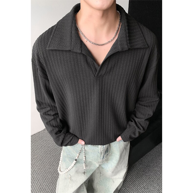 肌理感Polo衫男生春秋季中性风情侣痞帅休闲潮牌宽松大码长袖t恤，男装Polo衫，电商A022