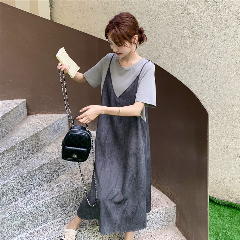 韩系简约休闲海边度假风超好看假两件连衣裙女夏季新款气质长裙,女装连衣裙,2C283