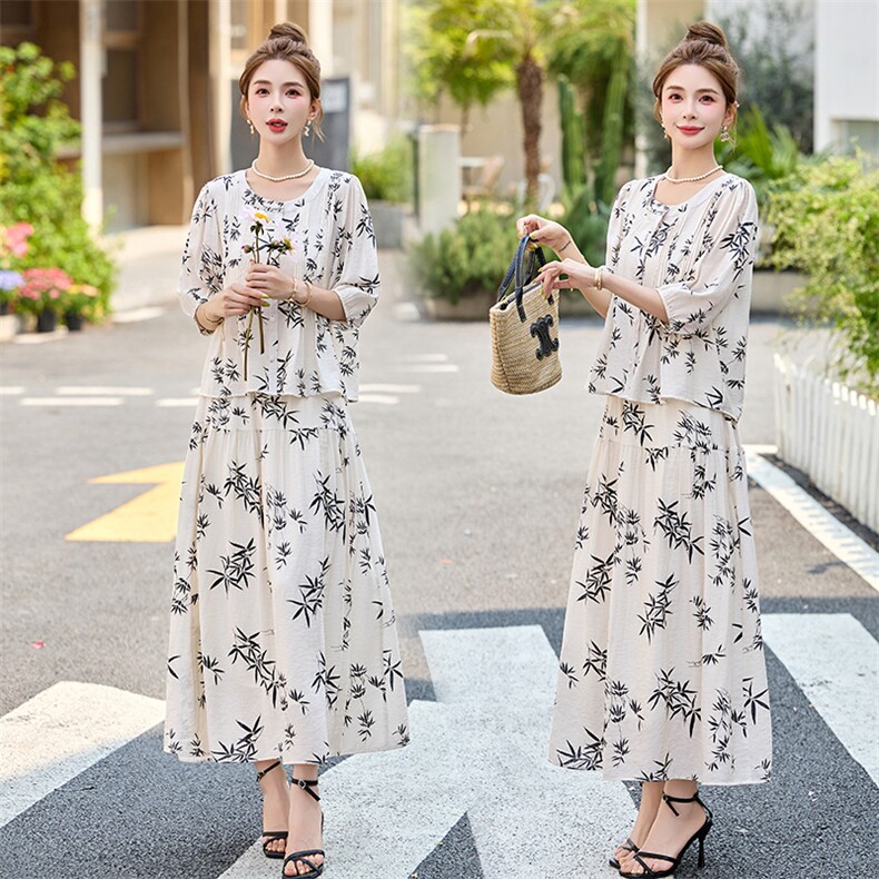 时尚休闲套装2025夏季新款女装印花宽松上衣半裙两件套裙LB2801,女装套装/套裙,罗得堡
