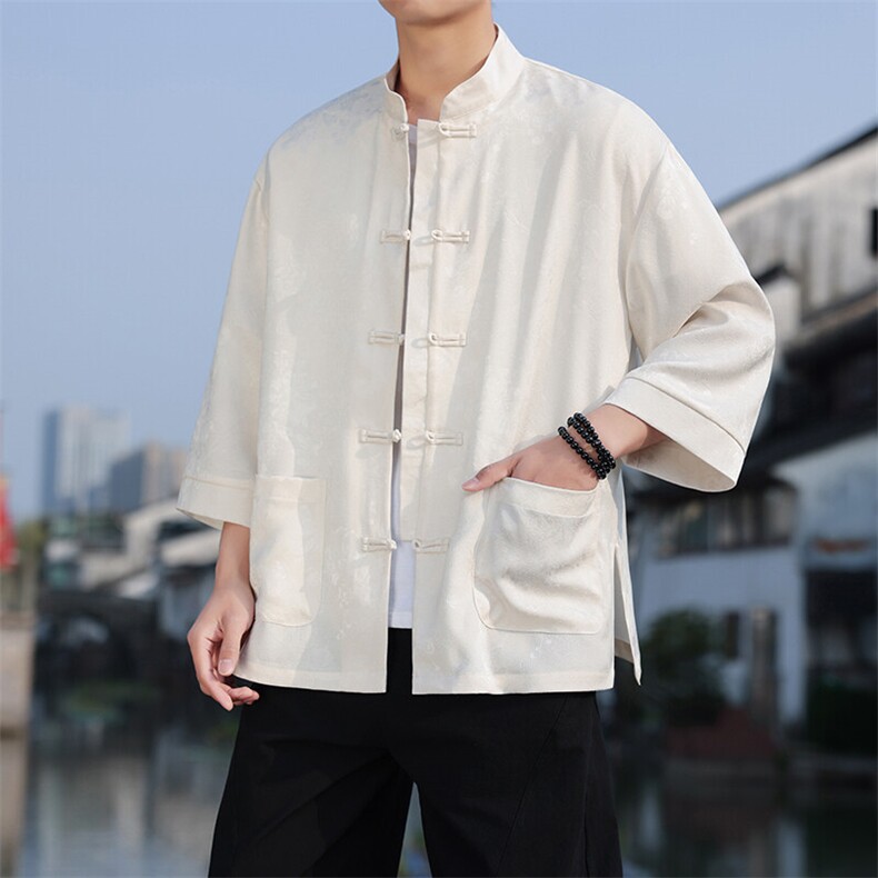 2025夏季风立领提花七分袖衬衫宽松大码上衣CS2502-P7088,男装衬衫,电商A008