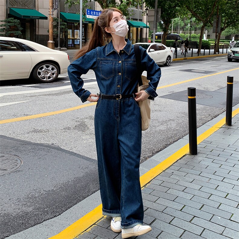 港风蓝色复古牛仔连体裤女2025春秋季新款韩版高腰休闲显瘦连衣裤，女装连体裤，新思路