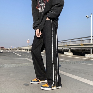 2025新款美式vibe风裤子黑色拉链毛边牛仔裤男 K445图片