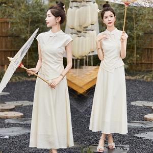 新中式国风套装女2025夏季新款高级感气质改良旗袍短袖长裙套装，女装套装/套裙，妙形