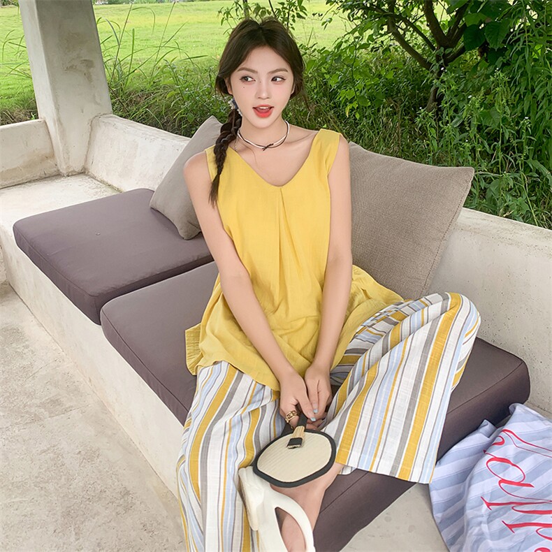 多巴胺黄色无袖背心娃娃衫套装夏季2025时尚减龄条纹阔腿裤两件套,女装套装/套裙,2C133