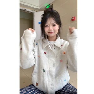 潮牌美式高街花卉刺绣夹克外套女宽松设计感小众开衫拉链上衣服图片