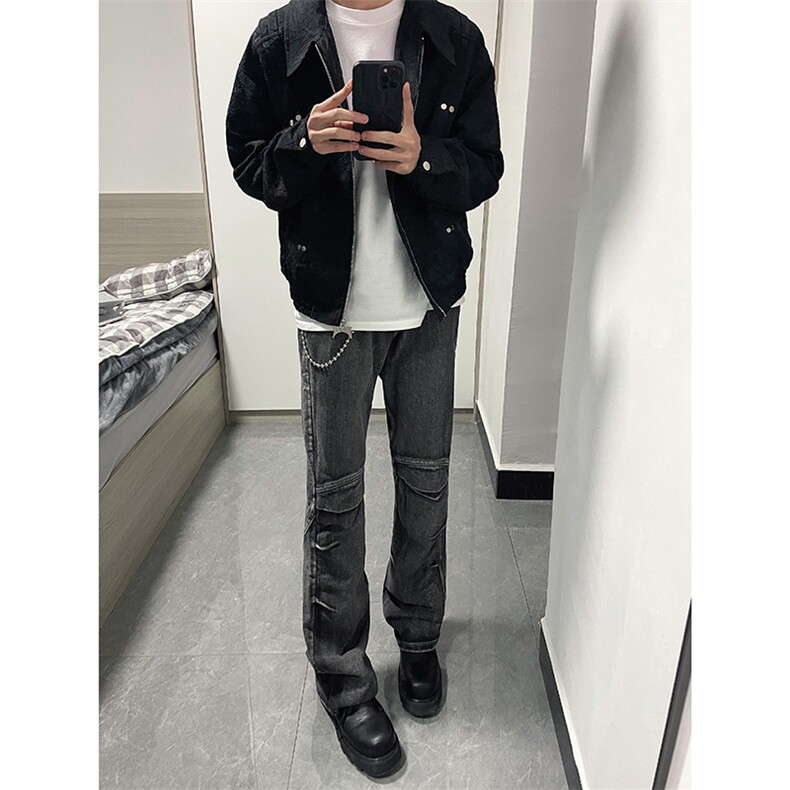 B221美式ins高街暗黑个性拼接微喇牛仔裤LK24155-P65控88,男装牛仔裤,电商B221