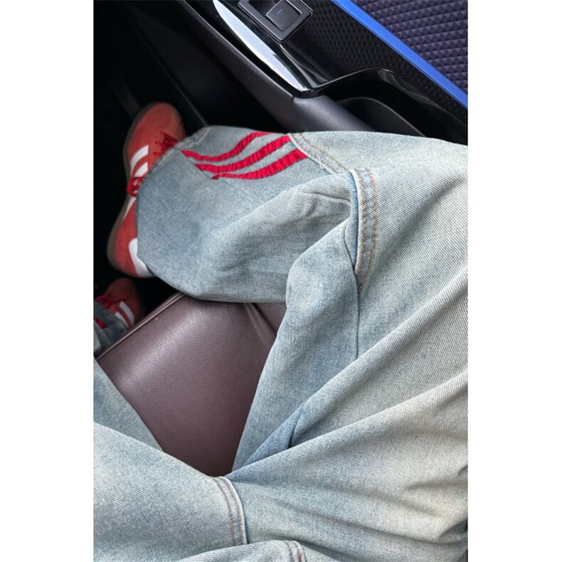 得物品质秋男牛仔裤红色条纹工装拼接宽松长裤NK934P60,男装牛仔裤,星座1013-1
