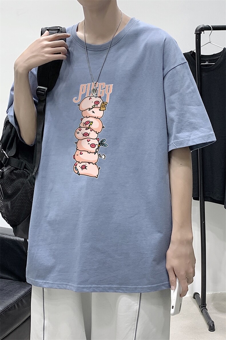 T1763P25夏季风男装印花短袖T恤男长条小猪印花青春休闲T恤,男装T恤,星座510A-1