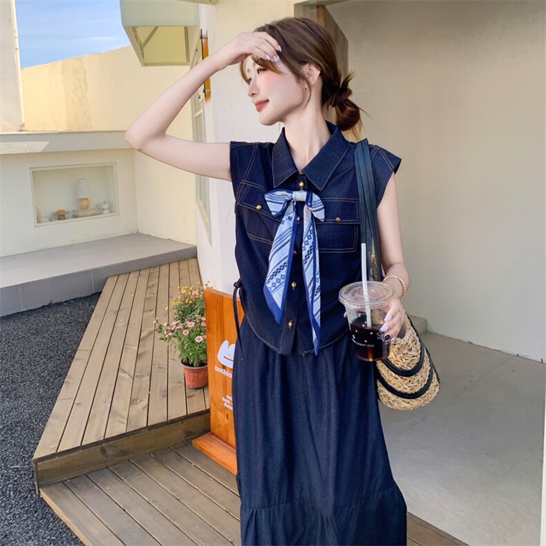 气质高级感穿搭无袖牛仔衬衫连衣裙女夏薄款好看工装长裙两件套装,女装套装/套裙,2C266