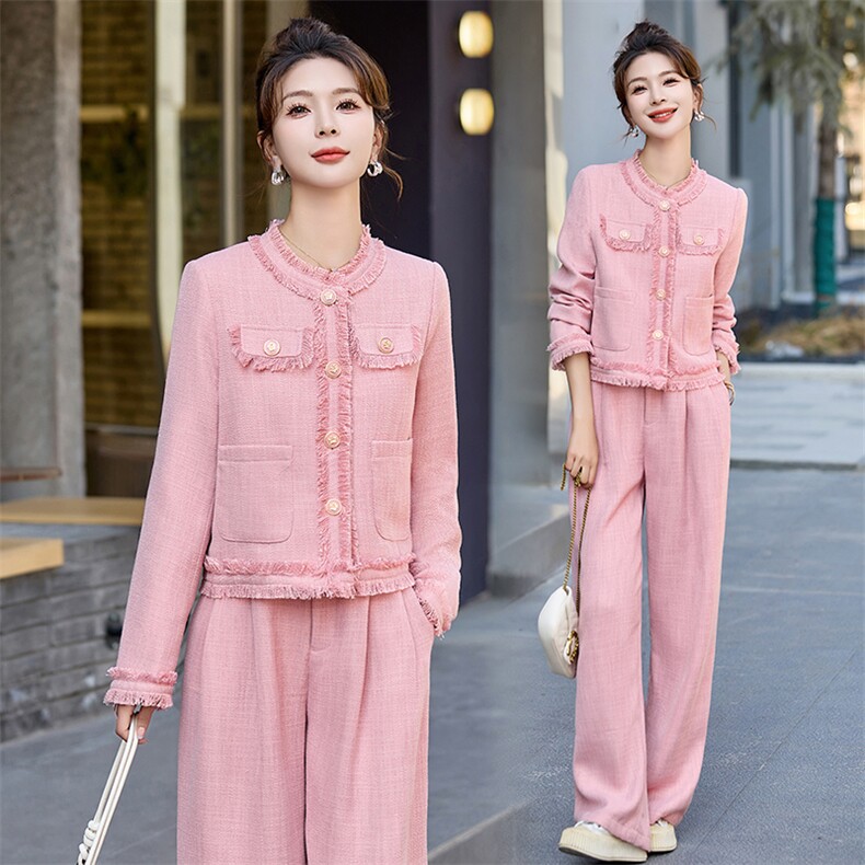 粉色小香风毛边时尚套装女2025春秋气质洋气减龄西装阔腿裤两件套，女装套装/套裙，雅佳俏