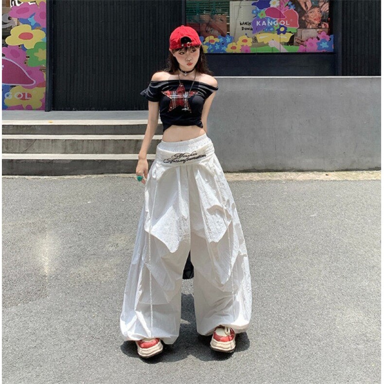 美式复古白色绑带工装休闲裤女夏季新款设计感宽松显瘦阔腿拖地裤,男装工装外套,星座601-1