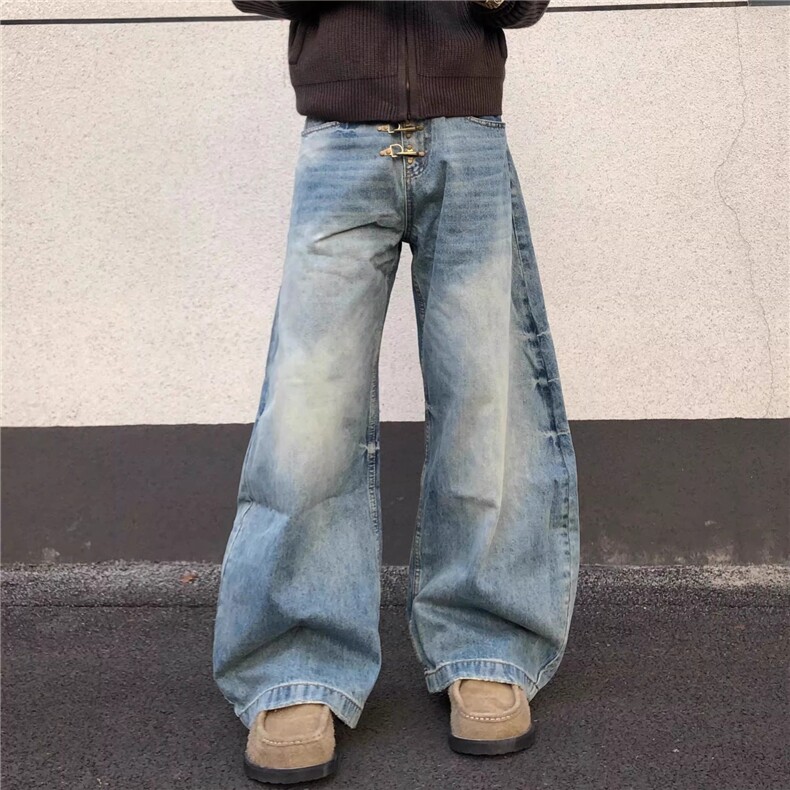 美式复古飞机扣设计感猫须纹男女牛仔裤宽松阔腿弯刀长裤NZ70,男装牛仔裤,星座516A