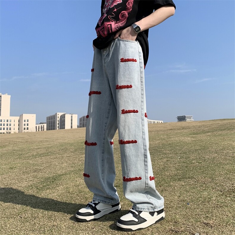美式hiphop裤子潮牌vibe风宽松直筒阔腿裤男女刺绣牛仔裤,男装牛仔裤,星座1018A