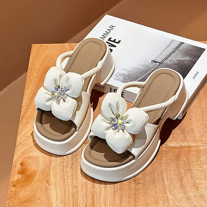 凉拖鞋女2024夏新款百搭花朵水钻外穿松糕厚底轻便一字拖沙滩拖鞋，女鞋拖鞋，星座1407-3