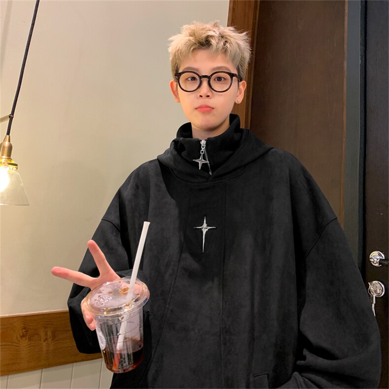 加绒秋冬美式复古假两件加厚连帽卫衣半拉链外套6613JR-P78控98，女装短外套，星座307A