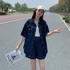 现货~！夏季薄款深蓝牛仔短袖短裤两件套套装女，女装套装/套裙，辉之琳