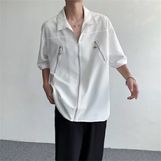 小众拉链设计高级感短袖衬衫男时尚潮流简约百搭韩系衬衣-S1035，男装衬衫，星座601-2
