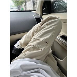 双膝伐木裤男生穿搭高级感杏色裤子直筒宽松休闲工装裤夏 KD43图片