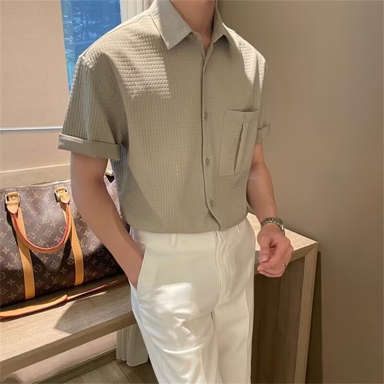 夏季复古潮男百搭垂感男短袖宽松休闲潮流美式痞帅设计感衬衣,男装衬衫,星座506A