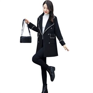 2020年秋冬修身黑色显瘦大毛呢外套女中长款韩版新款图片