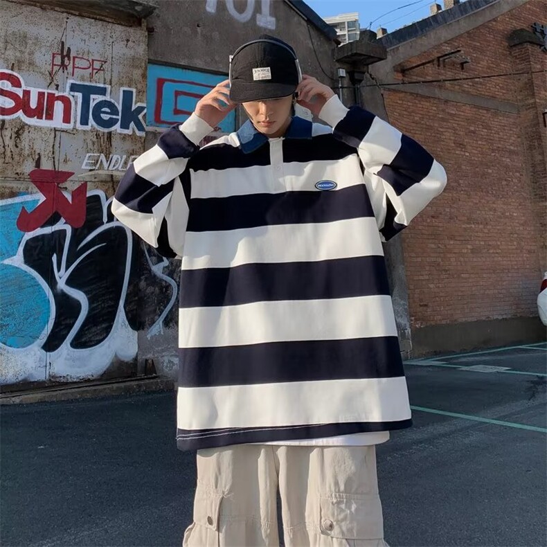 日系cityboy条纹翻领卫衣男春季撞色宽松长袖Polo衫T1487-P32,男装T恤,星座512-2
