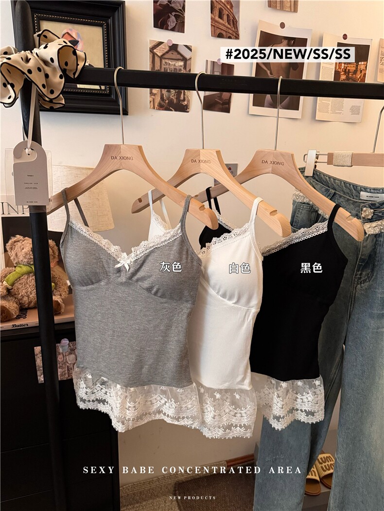 纯欲风性感蕾丝拼接吊带背心女带胸垫内搭打底上衣修身显瘦，女装背心吊带，梦白服饰厂