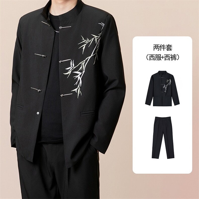 dk制服中山装男女春秋宽松痞帅竹叶刺绣垫肩新中式立领风外套，男装西服套装，星座601-1