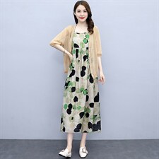 现货！棉麻套装/套裙2024年夏季时尚气质百搭优雅印花简约两件套，女装套装/套裙，一安秀