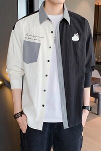 衬衫男长袖宽松休闲百搭韩版潮流拼色时尚秋衣DS937T图片
