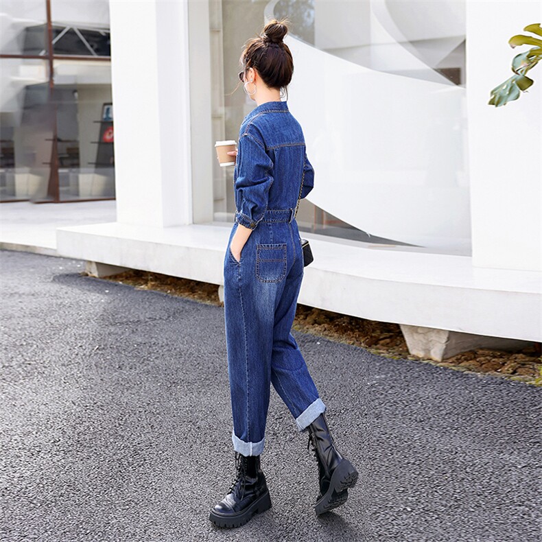 时尚显瘦牛仔连体裤女宽松高腰长袖工装裤，女装连体裤，秋水欣儿