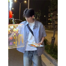 【现货】DC75-特批28潮流美式蓝色格子短袖衬衫男生套装原宿新款，男装休闲套装，星座603-2