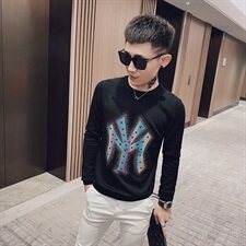 春款社会小伙镭射反光烫钻圆领毛衣修身针织打底衫YK207-P65控85，男装针织衫/毛衣，星座308A