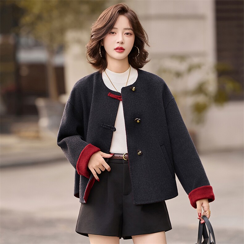 小个子双面羊毛呢大衣女2025秋冬新款气质短款拼色圆领呢子外套,女装双面呢大衣,衣之秀
