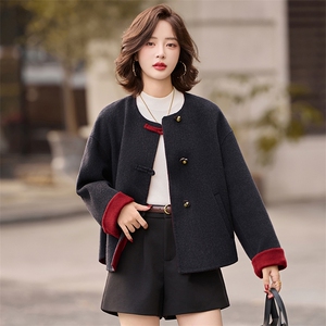 小个子双面羊毛呢大衣女2025秋冬新款气质短款拼色圆领呢子外套图片