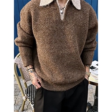 重磅北极绒假两件衬衫领毛衣美式高街复古休闲慵懒纯色翻领针织衫，男装针织衫/毛衣，电商A486