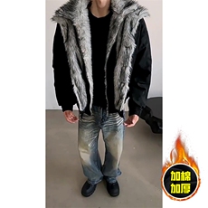 现货高品质美式高街重磅狼王座山雕毛毛领假两件棉衣加厚棉服外套，男装棉衣，电商A486