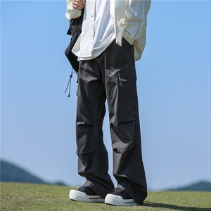黑色工装大口袋裤子男夏季直筒潮休闲美式薄款长裤KU27,春夏裤子穿搭分享图片