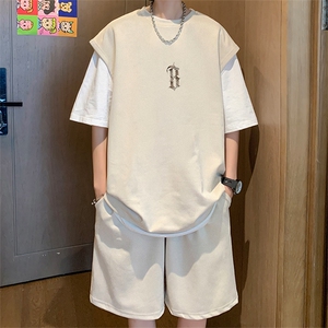 直播美式麂皮绒宽松背心无袖t恤短裤大码两件套套装 TZ42-P58图片