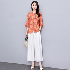 天丝复古花色休闲薄套装女2025夏季新款大码宽松高腰阔腿裤两件套，女装套装/套裙，魅影