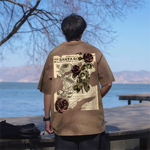 抖音得物供货 240克重磅现货宽松美式纯棉水洗做旧印花T恤ATSX04图片