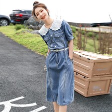 法式复古蕾丝娃娃领牛仔连衣裙2022夏季新品气质女牛仔裙减龄气质图片