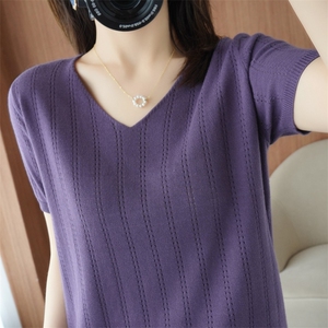 100%纯棉V领短袖女夏季新款纯色百搭T恤上衣打底宽松棉麻针织半袖图片