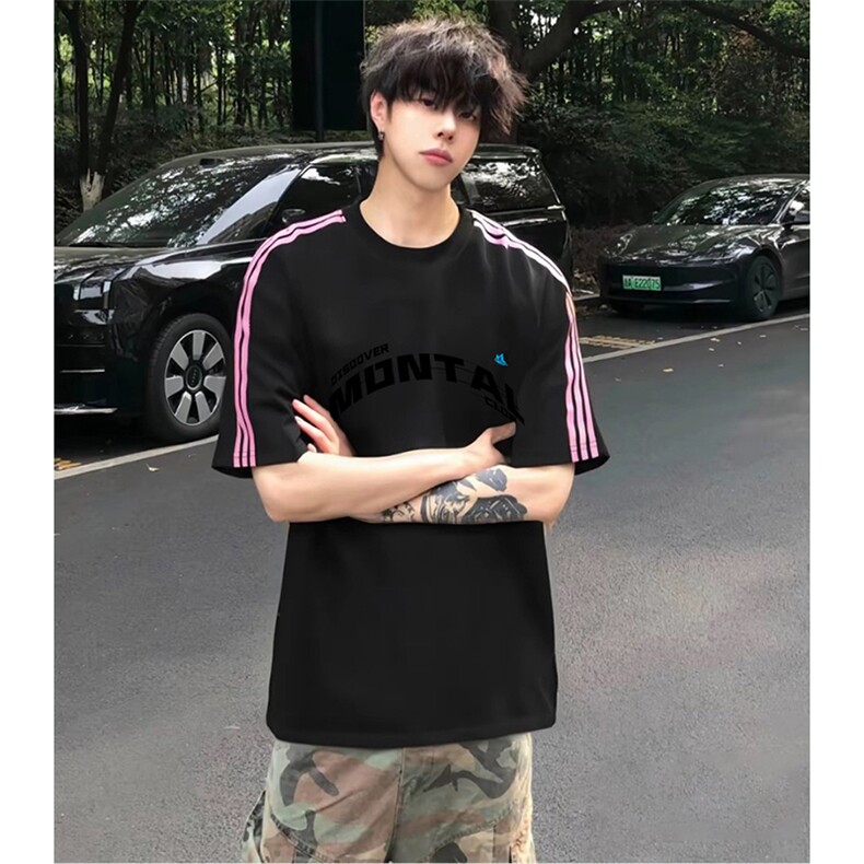 抖音得物品质二开240克宽松纯棉美式潮牌印花三条杠中性风短袖T恤，男装T恤，电商A486-1