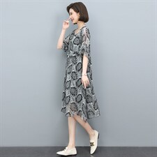 2022夏季新款复古印花连衣裙宽松显瘦遮肚雪纺裙，女装连衣裙，依恋蒂丝